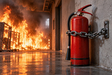 Obraz premium Chained fire extinguisher stands beside a burning room.