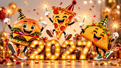 Fototapeta premium Cute Cartoon Burger, Pizza, and Taco Characters Party with Happy New Year 2027
