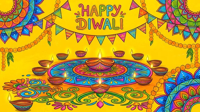 Cartoon diwali background with colorful buntings and glowing diya oil lamps theme.