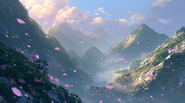 Pink petals dance on the wind through a serene mountain valley bathed in the warm light of a sunrise
