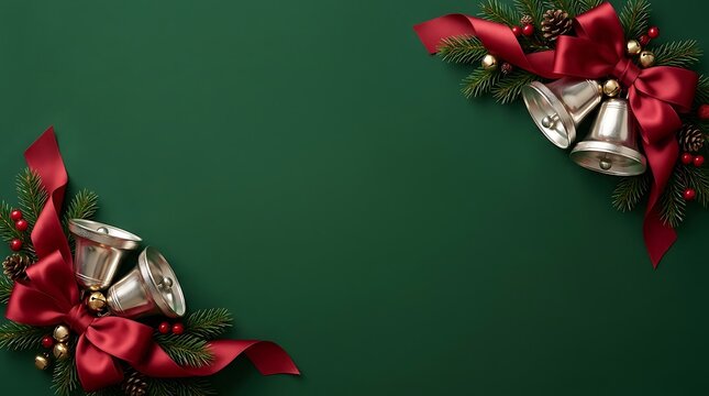 Elegant christmas corner arrangement with silver bells and red velvet bows over deep green base.