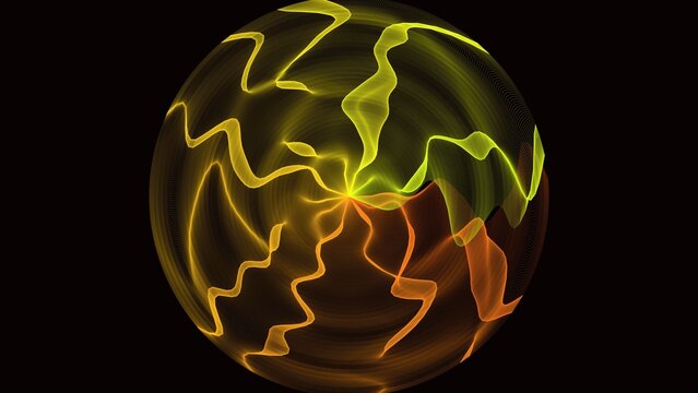 Glowing yellow and orange energy sphere with wavy light lines swirling inside, creating a dynamic plasma orb effect on a black background