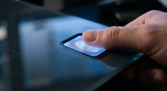 Esc&aacute;ner de huella digital con luz azul sobre vidrio