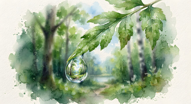 A single water droplet containing a birch forest landscape hangs from a leaf