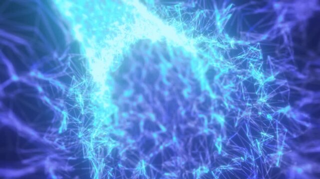 Glowing cyan energy stream flows through an abstract blue polygonal network