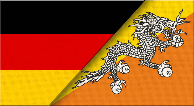 Double flag of Germany and Bhutan on fabric texture - 3D illustration