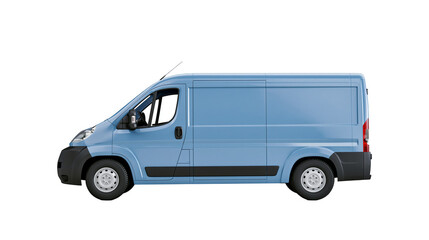 Isolated light blue commercial cargo van, modern delivery vehicle, side view angle © Aoife