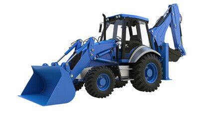 Isolated blue backhoe loader heavy construction vehicle with front bucket and rear arm © Aoife