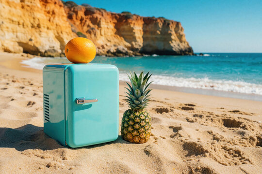 Retro mini fridge and pineapple with orange on sandy beach. Turquoise appliance sits by ocean with cliff backdrop. Summer refreshment, vacation vibe.