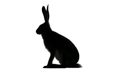 Isolated black silhouette of a wild European hare sitting calmly, minimalist graphic animal art. © Aoife