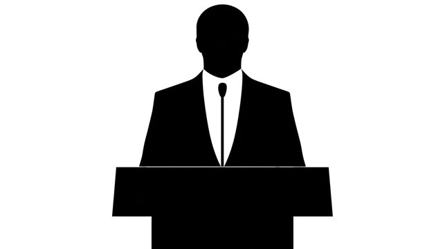 Isolated black silhouette of a businessman in a suit giving a presentation at a conference podium.