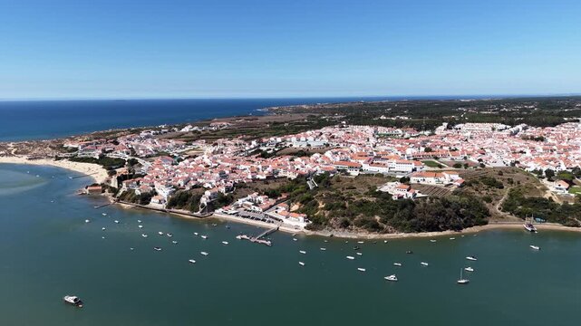 Aerial view of vila nova de milfontes and atlantic ocean