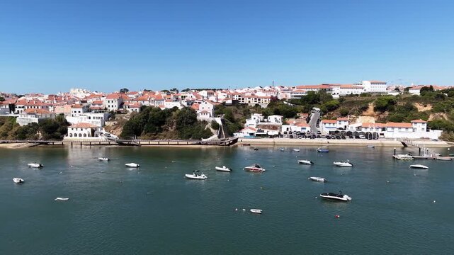 Vila nova de milfontes aerial view with boats mooring