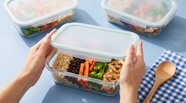 Hands seal colorful glass dishes for weekday meal prep