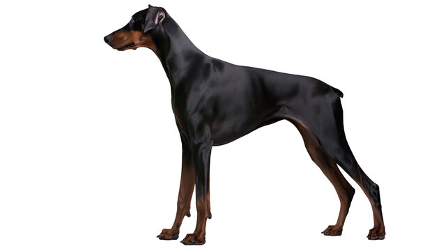 Isolated Doberman Pinscher dog standing gracefully in a classic show pose, powerful purebred canine