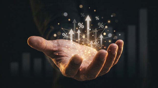 A hand holds a glowing digital projection of upward-trending financial charts and percentages, symbolizing growth and success