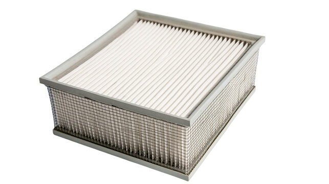 Isolated rectangular pleated air filter with metal mesh sides for automotive HVAC system.