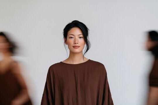 Minimalist studio portrait of a woman centered against a neutral background for profile and lifestyle use emphasizing calm poised expression and soft lighting