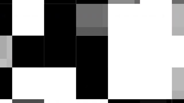 Black white abstract geometric glitch motion background squares pattern pixelated digital art ideal for transitions and modern digital overlays.