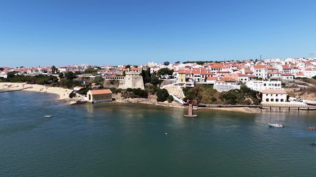Scenic aerial view of vila nova de milfontes and mira river