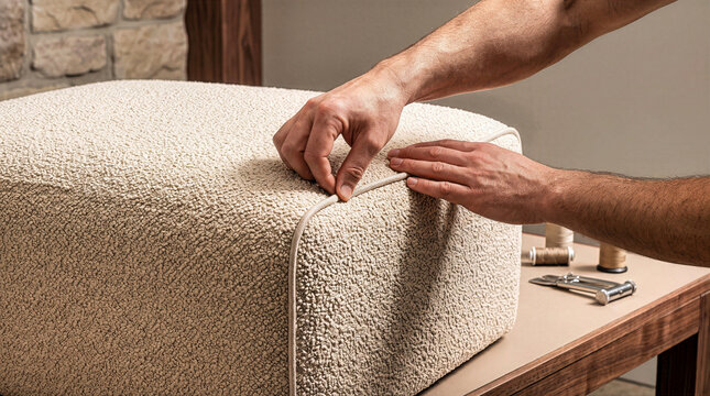 Craftsman hands inspecting seam piping on textured cream boucl&eacute; upholstered ottoman footstool. Close-up of artisan checking fabric quality in furniture upholstery workshop studio setting