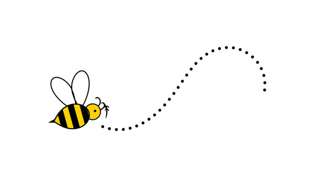 Isolated cute cartoon bee flying with dotted trail, adorable insect character creating wavy flight path