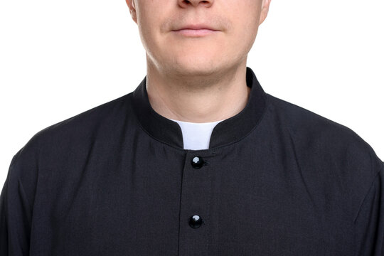 Priest in cassock on white background, closeup