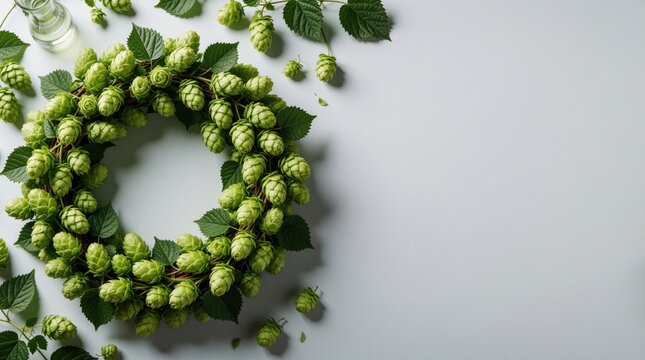 Fresh green hops wreath on light gray background. Organic plant cones form round frame for craft beer brewing concept. Raw herbal ingredients for alcohol production. Top view macro shot with copy