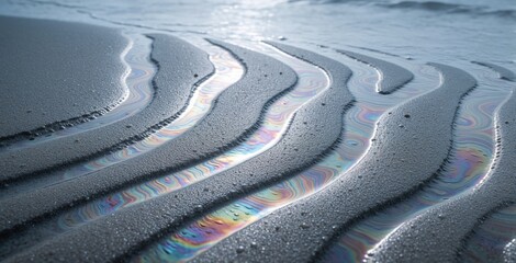 Obraz premium Wet sand ripples form patterns on beach shore after rain. Oily rainbow sheen reflects colors in shallow water streams. Cool overcast day creates calm mood.