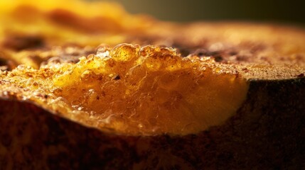Fototapeta premium Close look at pumpkin skin shows natural detail and texture from the surface in warm light during autumn on a sunny day.