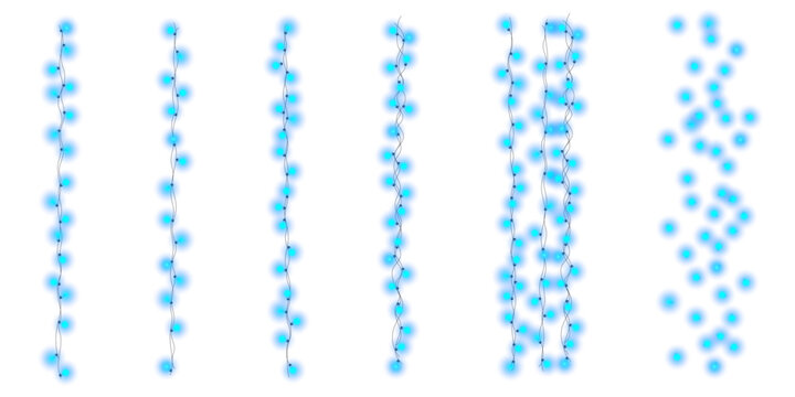Blue string lights, fairy light LED bulbs with glowing particles soft bokeh lighting garland effect isolated transparent overlay for festive party decoration background