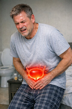 A man experiencing severe stomach pain, possibly from a gastrointestinal issue or illness.