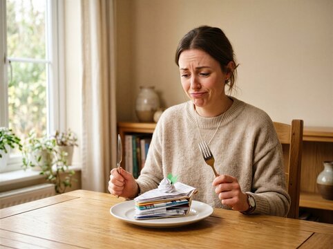 Woman sitting at table with a stack of bills for dinner