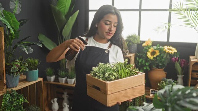 Woman florist holding a wooden crate of potted plants, spritzing leaves with a spray bottle near a sunlit window in a plant studio; nurturing calm.