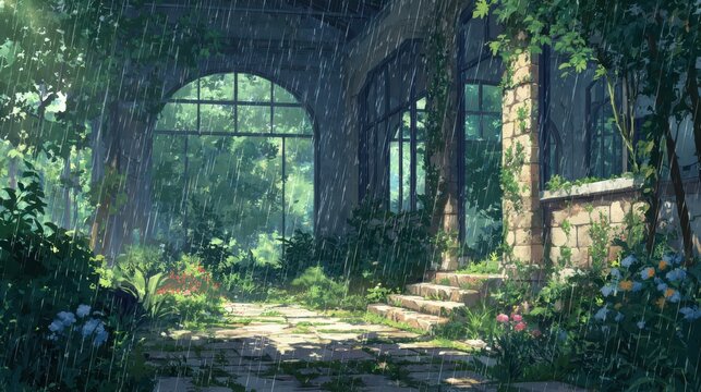 Sunlight streams through a summer downpour onto a stone path in an overgrown garden next to an old building