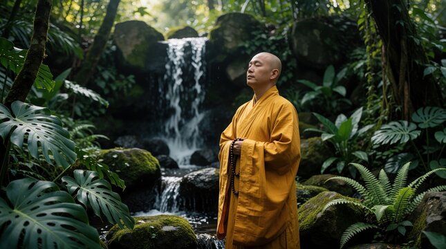 Buddhist monk in yellow robe meditates in tropical garden. Man sits near small waterfall in forest. Peaceful monk prays with prayer beads in hands. Zen lifestyle, spiritual mindfulness in nature with
