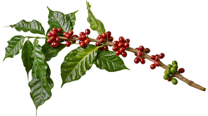 Isolated coffee plant branch with fresh green leaves and ripe red and unripe green berries. © Francisco