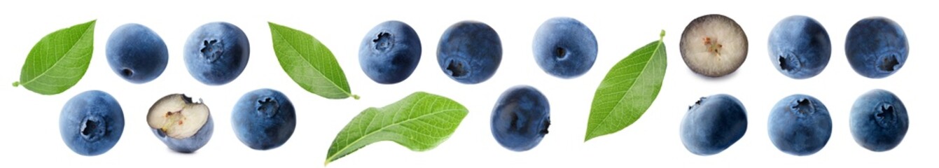 Blueberries and green leaves isolated on white, set. Fresh berry © New Africa