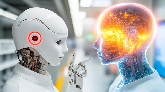 Humanoid robot faces a glowing digital human head as neural activity intensifies in a futuristic laboratory