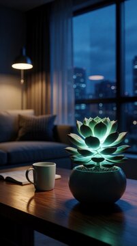 Glowing bioluminescent succulent plant acts as natural lamp in modern living room. Green desert plant emits soft light in dark interior. Wooden table with mug, book near window with city night view.