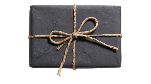 Isolated dark grey gift box wrapped with rustic natural twine, elegant simple present packaging
