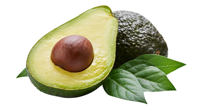 Isolated ripe whole and halved fresh avocado with pit and green leaves, healthy fruit ingredient