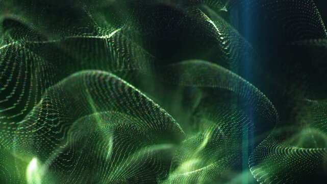 Flowing green particle mesh forms layered fabriclike waves in a dark abstract space
