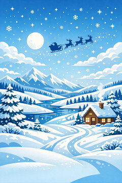 Santa Claus on his sleigh, flying over a snowy village on a clear winter night. A cozy house with a chimney, trees, and snowman all contribute to the festive holiday atmosphere.