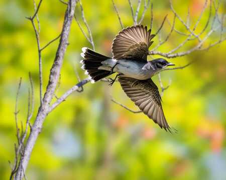 A bird gracefully soars through the air with its wings fully extended, set against a vibrant, blurred background of green and hints of orange. The scene captures a moment of natural beauty and freedom