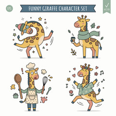 Naklejka premium Adorable Cartoon Giraffe Friends Collection Featuring Funny Personalities and Colorful Safari Scenes