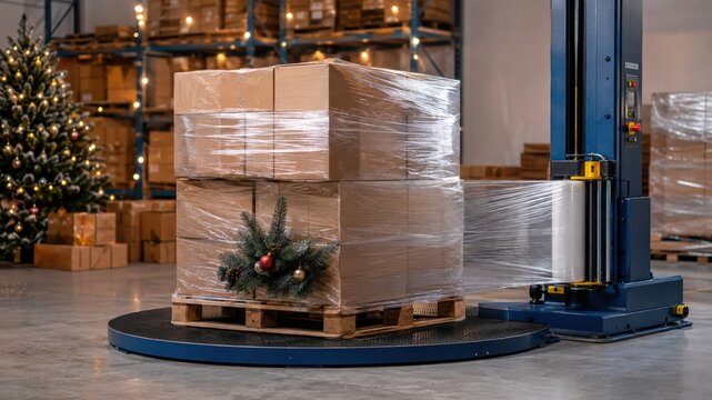 Boxes are wrapped on a pallet with a Christmas tree decoration in a storage area during the holiday season