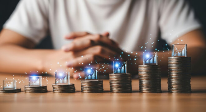 Investment Growth Concept Coins Stacked Increase with Business Chart Hologram Success Accumulation Financial Planning Money Goals Future