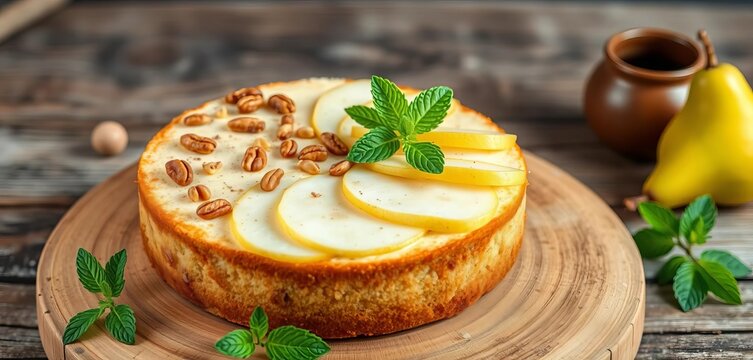 Sliced pear & pine nut white cake on rustic wood, garnished with fresh mint,   gourmet,   texture