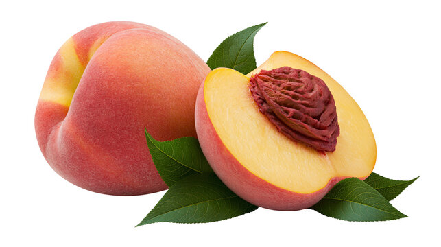Isolated fresh ripe peach and half with stone and green leaves, delicious sweet fruit